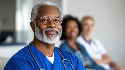 A man in a blue scrubs is smiling for the camera. He is a doctor. There are two other people in the background