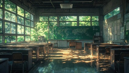 Wall Mural - Empty Classroom with Sunlight Streaming Through Windows