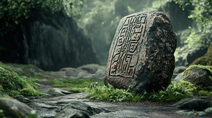 Canvas Print - Ancient Carvings on a Stone in a Lush, Misty Forest