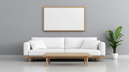 Near a white sofa in a room with a grey wall and an art poster is a wooden square coffee table. Modern living room interior design with a minimalistic elegance.