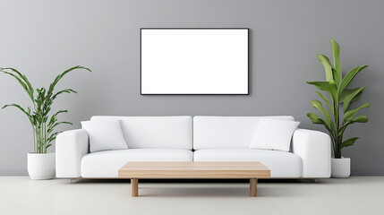 Near a white sofa in a room with a grey wall and an art poster is a wooden square coffee table. Modern living room interior design with a minimalistic elegance.