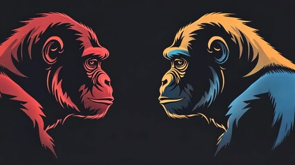 Poster - Artistic representation of two contrasting gorillas in vibrant colors set against a dark backdrop