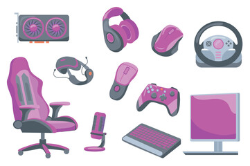 Poster - gamer accessories set elements in flat graphic design. bundle objects of armchair, microphone, vr he