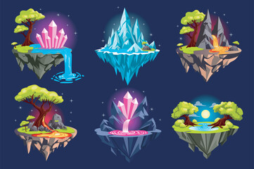 Aufkleber - Gaming fantasy islands set elements in flat graphic design. Bundle objects of game assets, level platforms with magic forest trees, waterfall, lakes, volcano rocks and crystals. Vector illustration.