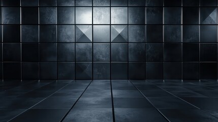 Wall Mural - A black and white image of a room with a large wall of tiles. The tiles are square and the room appears to be empty