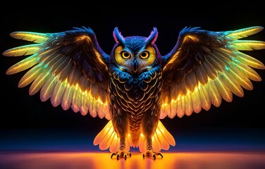 Wall Mural - Illustration of big owl with iridescent colors with full wings span isolated on dark background