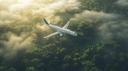 Canvas Print - Airplane Flying Above Clouds and Forest