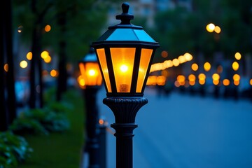 Bokeh background featuring the warm glow of street lamps, softly illuminating a quiet city street