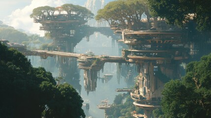 Futuristic Cityscape with Trees Growing on Structures