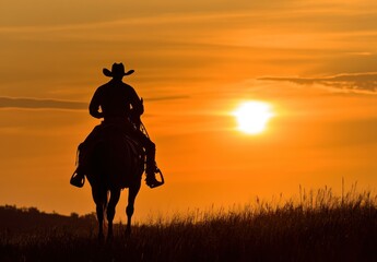 Canvas Print - Silhouette of a Cowboy Riding into the Sunset