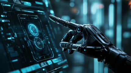 Poster - A robot mechanical arm or hand is pressing an index finger on a button within a virtual holographic interface HUD displayed on a touchscreen. This design showcases a futuristic concept involving