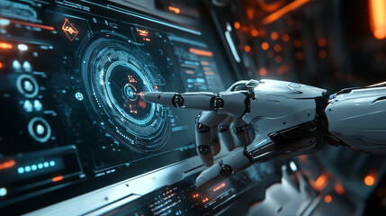 Poster - A robot mechanical arm or hand is pressing an index finger on a button within a virtual holographic interface HUD displayed on a touchscreen. This design showcases a futuristic concept involving