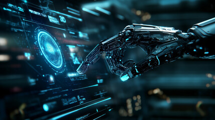 Poster - A robot mechanical arm or hand is pressing an index finger on a button within a virtual holographic interface HUD displayed on a touchscreen. This design showcases a futuristic concept involving