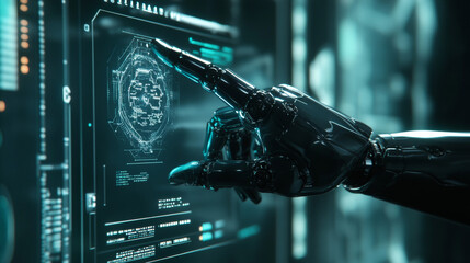 Poster - A robot mechanical arm or hand is pressing an index finger on a button within a virtual holographic interface HUD displayed on a touchscreen. This design showcases a futuristic concept involving