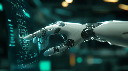 Poster - A robot mechanical arm or hand is pressing an index finger on a button within a virtual holographic interface HUD displayed on a touchscreen. This design showcases a futuristic concept involving