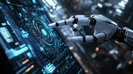 Poster - A robot mechanical arm or hand is pressing an index finger on a button within a virtual holographic interface HUD displayed on a touchscreen. This design showcases a futuristic concept involving