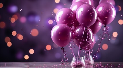 Purple balloons with confetti on purple background.