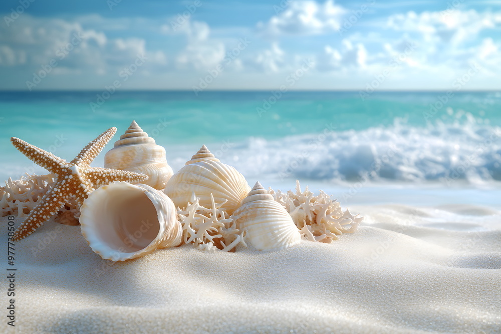 Various seashells placed on white sandy beach with a blue sea as a ...
