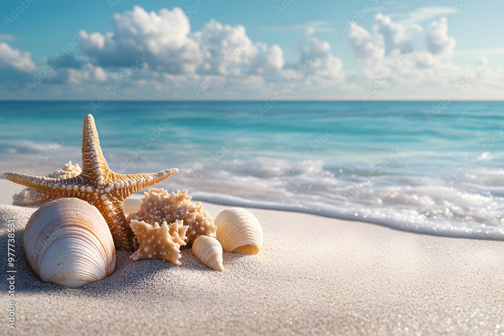Various seashells placed on white sandy beach with a blue sea as a ...