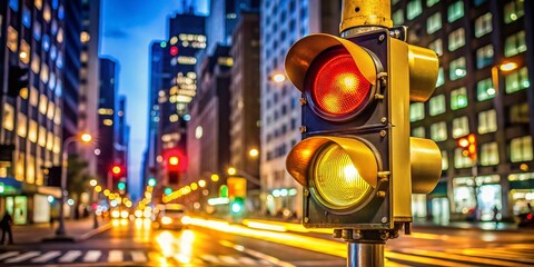 Yellow traffic light flashing bright in the night, standing tall at a bustling city intersection, a warning to