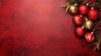 Wall Mural - A red background with gold and red Christmas ornaments