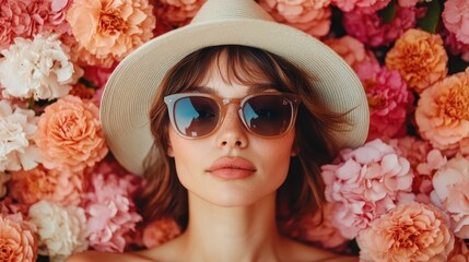 A woman poses elegantly in a stylish hat against a backdrop of lush flowers, blending classic charm with a modern twist in a rich, colorful setting.