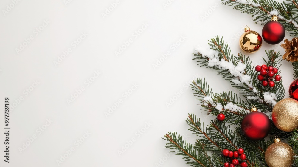 Festive arrangement of pine branches adorned with red and gold ornaments, perfect for holiday celebrations and seasonal decor.