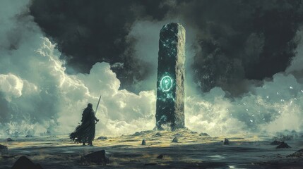 Canvas Print - A lone figure with a sword stands before a glowing ancient monolith in a desolate landscape.