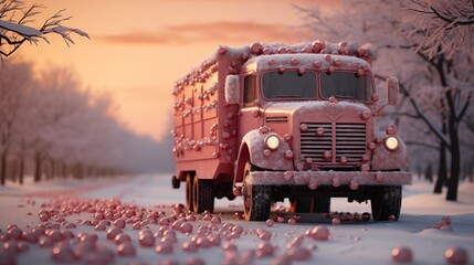 Red and pink decorated truck in motion carrying BIRTHDAY pink and red hearts in a winter countryside with snow cover in sunset backlight.