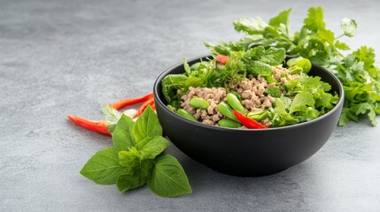 Poster - Spicy larb, Isaan minced meat salad, traditional Thai herbs.