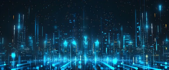 Abstract cityscape background with glowing blue lights and digital grid lines on a dark black background, a data technology concept banner design. Digital futuristic landscape vector illustration