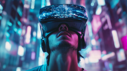 Wall Mural - A futuristic concept showcasing VR and AR technology. A man wearing 3D VR headset glasses gazes upward into the cyberspace of the metaverse, immersed in a virtual reality or augmented reality world .