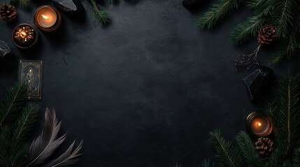 Wall Mural - A black background with candles and pine cones. The candles are lit and the pine cones are on the right side of the image