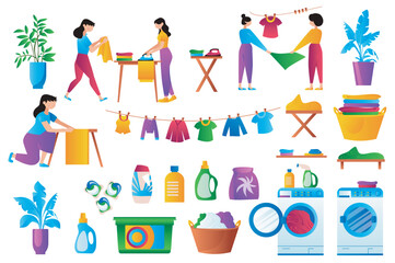 Poster - Washing room set elements in flat graphic design. Bundle objects of women ironing, hanging clothes, wash machine, powder or gel bottles, capsules, dirty clothing in basket, other. Vector illustration.