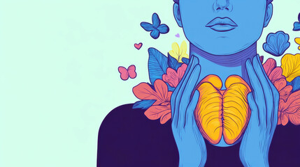 Inflamed thyroid gland in human hands. Flat illustration. Thyroid Awareness Month. Horizontal banner. Copy space. Thyroid cancer. Glandular disease prevention. Endocrine system, hormonal problems