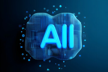 Poster - An AI is displayed on a blue background with large, bold letters. The AI is designed with digital patterns and lines that resemble stock illustrations