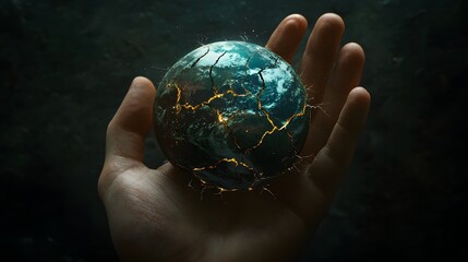 Canvas Print - Hand Holding Earth with Breaking Cracks: A hand holding the Earth, with visible cracks forming on the planet's surface, symbolizing environmental fragility.
