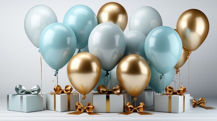 Wall Mural - Sky blue and gold balloons on white background