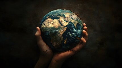 Canvas Print - Hand Holding Earth with Breaking Cracks: A hand holding the Earth, with visible cracks forming on the planet's surface, symbolizing environmental fragility.
