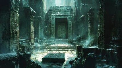 Wall Mural - Ancient Stone Temple Entrance with Fog and Carvings