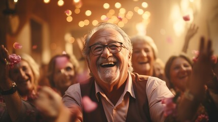 Smiley seniors dancing and having fun celebrating birthday in nursing home, elderly people enjoying a lively social activity gathering