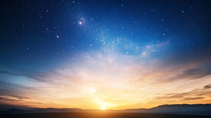 Wall Mural - Stars dotting night sky, horizon line, drifting clouds, tranquil darkness.