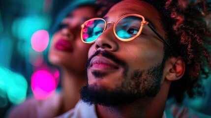 Mood-lit portrait of a person in robust neon colors, capturing the dynamic urban lifestyle. The vibrant and bold neon light reflects a vibrant, bustling city feel.