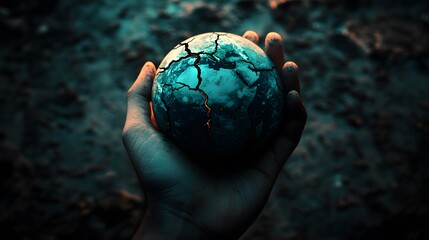 Wall Mural - Hand Holding Earth with Breaking Cracks: A hand holding the Earth, with visible cracks forming on the planet's surface, symbolizing environmental fragility.
