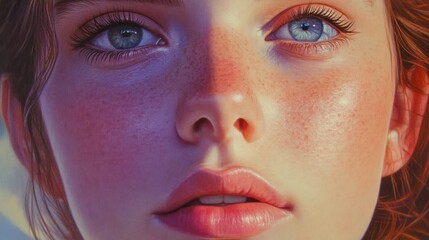 Canvas Print - Close-up portrait of a young woman with blue eyes, freckled skin, and full lips.