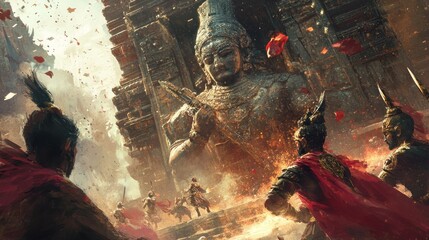 Canvas Print - Warriors Approach a Giant Stone Statue in Front of an Ancient Temple