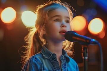 little girl singing into microphone on stage