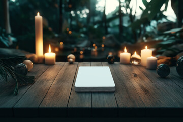 Sticker - A serene scene featuring a tarot card mockup on a wooden surface, surrounded by lit candles and ornamental spheres. The background is a blurred, tranquil outdoor forest setting.