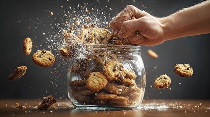 Hand Smashing a Cookie Jar: A hand smashing a glass cookie jar, with cookies and pieces scattering.
