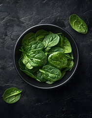 Wall Mural - green spinach in a bowl on a black background, top view, copy space